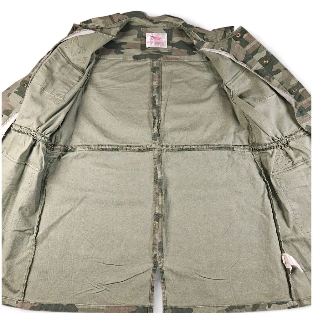 Justice Jacket Girls Size 16 / 18 Plus Camo Green Butterfly Star Patches Pockets